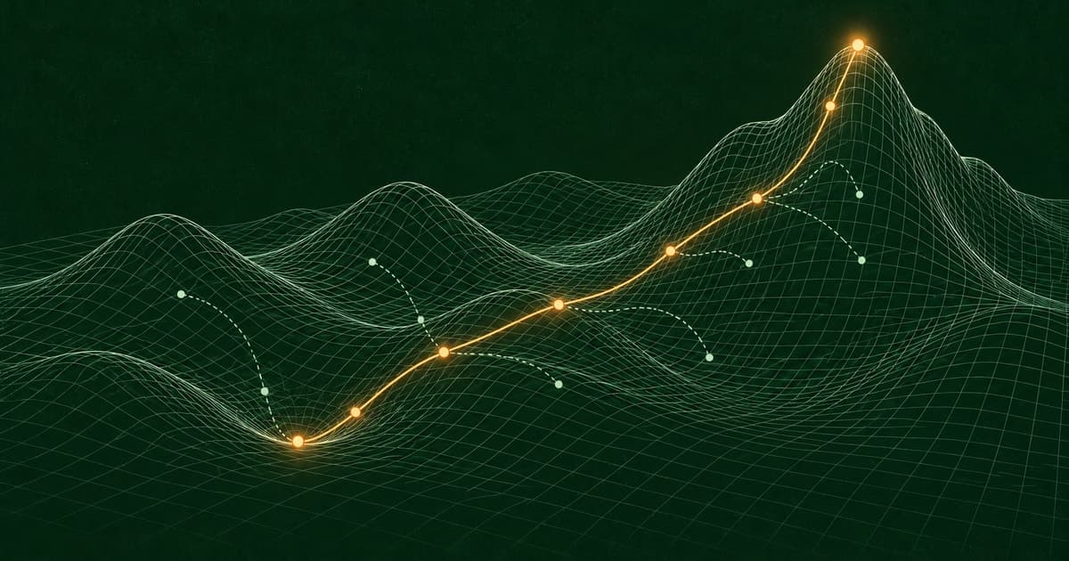 An amber optimization path climbs from a local minimum toward a higher peak on a green wireframe metric landscape.